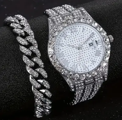 Iced Out Watch and Cuban Link Bracelet Se